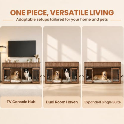 71" Double Dog Crate Furniture, Walnut Furniture Crate with Dividers., view 6