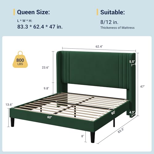 Queen Size Velvet Platform Bed Frame, Tall Wingback Headboard, Green, view 3