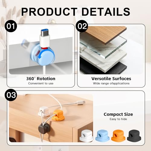 Rotatable Cord Holder for Nightstand, 2026 New 360°Rotating Magnetic Cable Clips, view 3