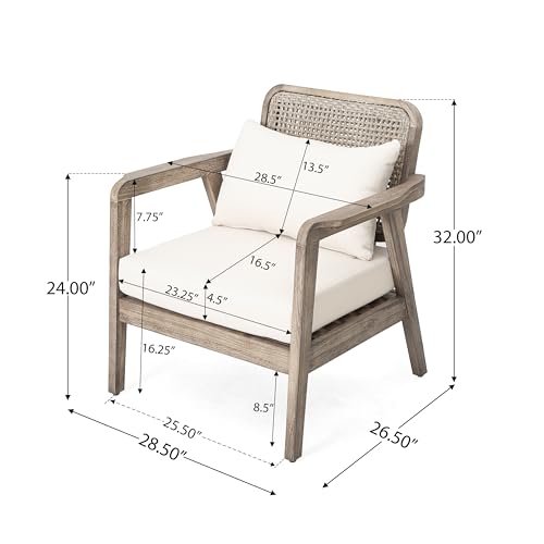 Ursa Outdoor Patio Club Chair, Acacia Wood Arm Chair, Single Sofa Chair, Patio Furniture, Deep Seating with Cushion for Porch, Garden, Backyard, Balcony, Light Brown