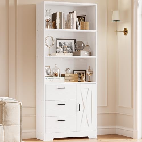 Bookshelf with Doors and 3 Drawers 71 in Tall Bookcase with 3-Tier Shelves, Industrial Book Shelf with Storage for Living Room Entrance Hallway Home Office, White