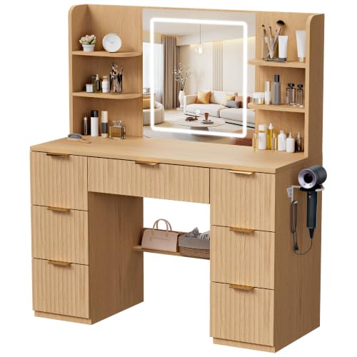 43" Large Natural Wood Makeup Vanity Desk with Charging Station, view 4
