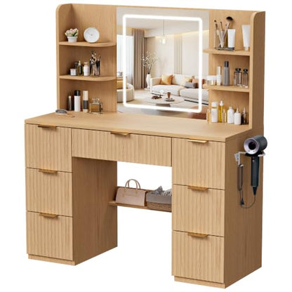 43" Large Natural Wood Makeup Vanity Desk with Charging Station, view 4