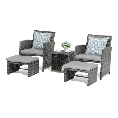 5 Piece Patio Furniture Set, Wicker Outdoor Conversation Chair and Ottoman Set with Coffee Table, Pillows Included, for Balcony, Porch, Deck, Light Grey