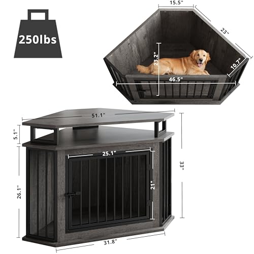 51" Corner Dog Crate Furniture with 2-Tier Storage Shelves, Gray, view 3