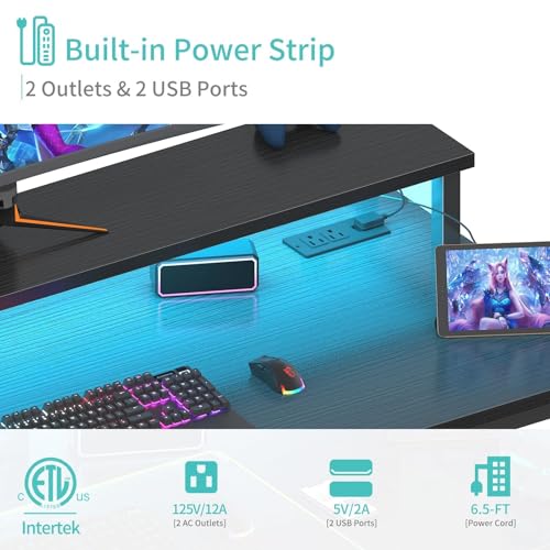 Black Gaming Desk with LED Lights and Power Outlets, view 7
