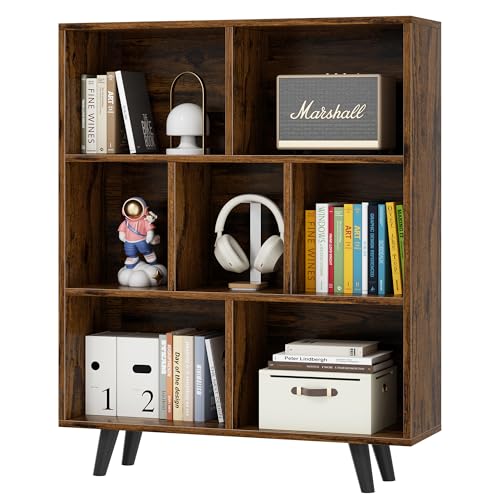 7 Cube Bookshelf, 3 Tier Mid-Century Modern Bookcase with Legs, Wooden Bookshelf Storage Organizer Display Bookcase for Bedroom, Living Room, Office, Rustic Brown