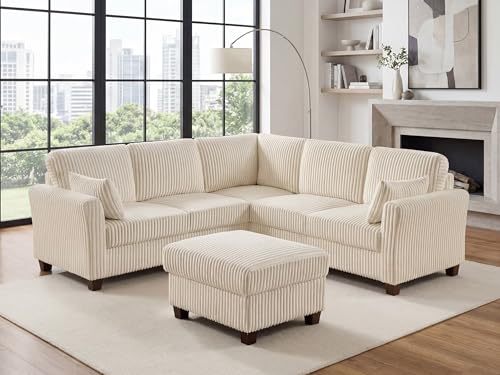 Sectional Corner Couch, Corduroy L Shaped Sofa, 6-Seat Couch,Beige