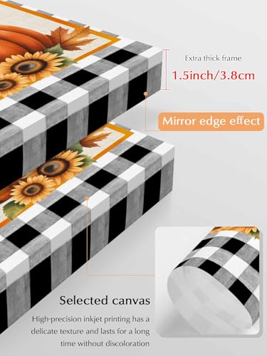 NuYeBiofx Thanksgiving Orange Pumpkin Sunflower Canvas Wall Art Prints,30"x20" Framed Picture Artwork Fall Leaf Buffalo Plaid Printed Canvas Oil Painting for Living Room Bedroom Office,Ready to Hang