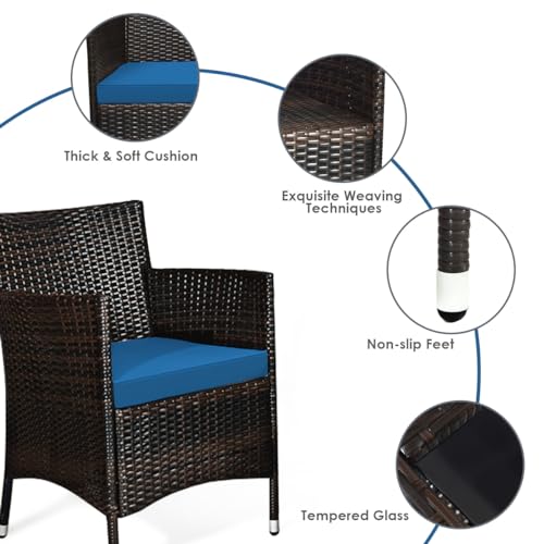 4-Piece Rattan Patio Set, Outdoor/Indoor Wicker Conversation Set for Pool, Backyard, Lawn, Wicker Chairs and Sofa with Soft Cushion, Rattan Furniture with Tempered Glass Coffee Table