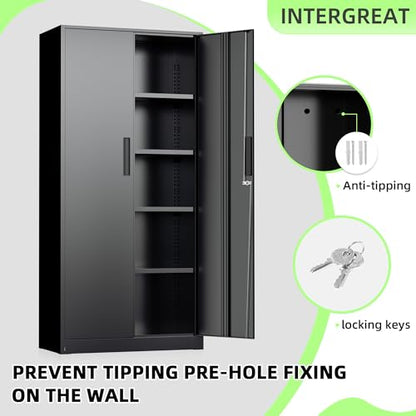 72" Storage Cabinet,2 Locking Doors & 4 Adjustable Shelves,Tall Cabinets,Heavy Duty Steel Cabinet for Home, Office, Warehouse, School (Black)