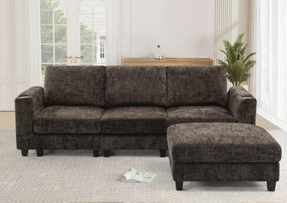 87" Chenille 3 Seater Couch with Soft Ottoman, Brown | L-Shape Sectional Sofa with Durable Cup Holders, Upholstered Sofa with Comfy Backrests for Living Room, House