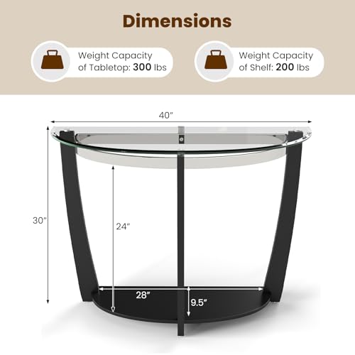 2-Tier Glass Console Table, Half Moon Modern Entryway Table with Tempered Glass Top & Open Storage Shelf, Narrow Long Sofa Table for Living Room, Hallway, Foyer, Entrance (Black)