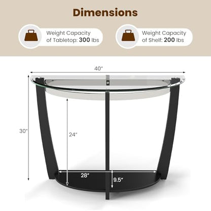 2-Tier Glass Console Table, Half Moon Modern Entryway Table with Tempered Glass Top & Open Storage Shelf, Narrow Long Sofa Table for Living Room, Hallway, Foyer, Entrance (Black)