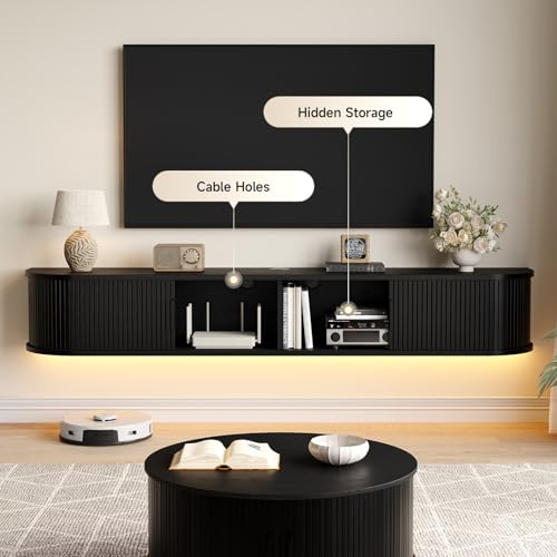 71" Floating TV Stand, Wall Mounted Entertainment Center Black, view 5