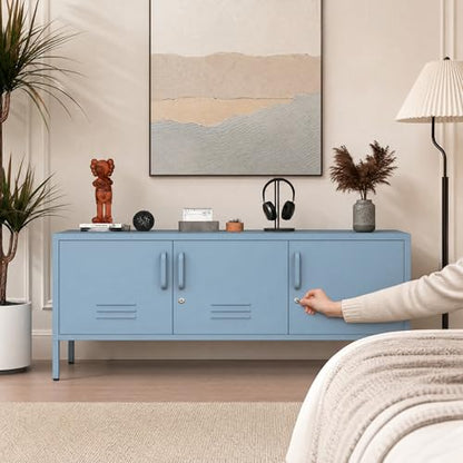Blue Industrial Metal TV Stand with Lockable Storage Cabinet, view 8