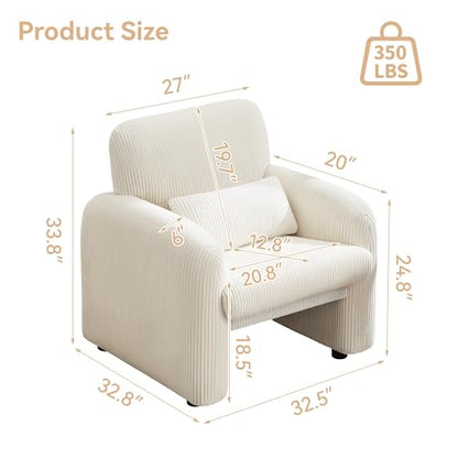 Corduroy Fabric Accent Chair, Modern Upholstered Living Room Chairs with Lumbar Pillow, Wide Comfy Leisure Armchair for Bedroom, Office, Reading, White