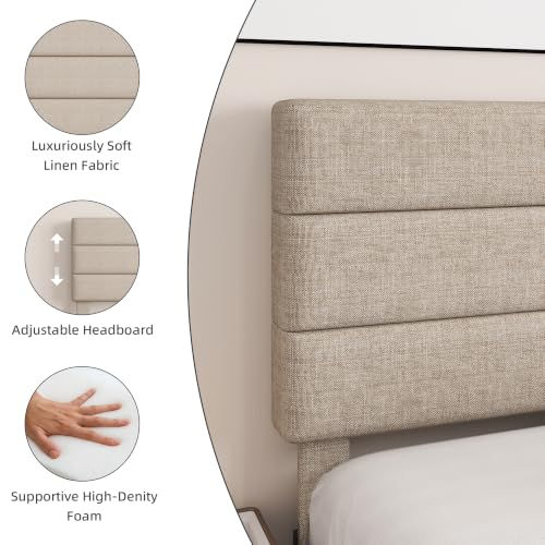 Queen Platform Bed Frame with Adjustable Linen Fabric Upholstered Headboard, view 4