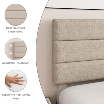 Queen Platform Bed Frame with Adjustable Linen Fabric Upholstered Headboard, view 4
