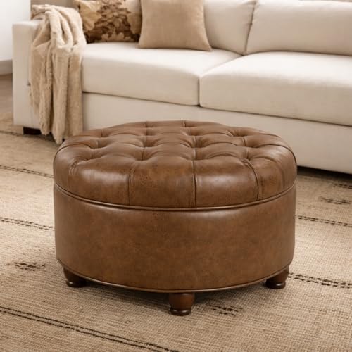 25" Button Tufted Round Storage Ottoman - Brown Faux Leather