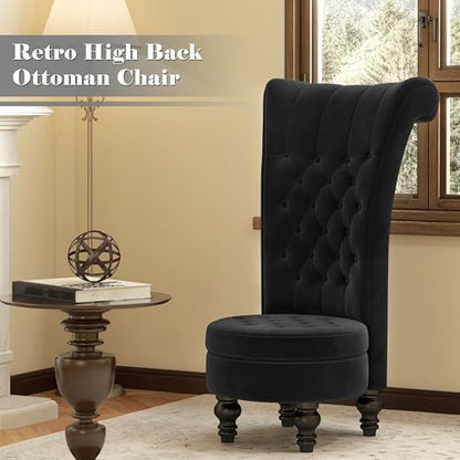 High Back Throne Royal Chair, Retro Armless Chair with Storage, Velvet Furniture Chair, Upholstered Tufted Accent Seat for Living Room, Bedroom, Black