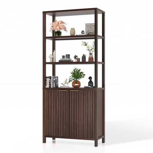 Bookcase with Fluted Doors, 71" Wood Storage Cabinet with Adjustable Shelves, view 5