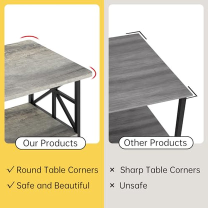 Gray Coffee Table for Living Room with Round Corners, 2 Tier Living Room Table with Storage Shelf,Rectangular Coffee Table Center Table for Small Spaces,Easy Assembly