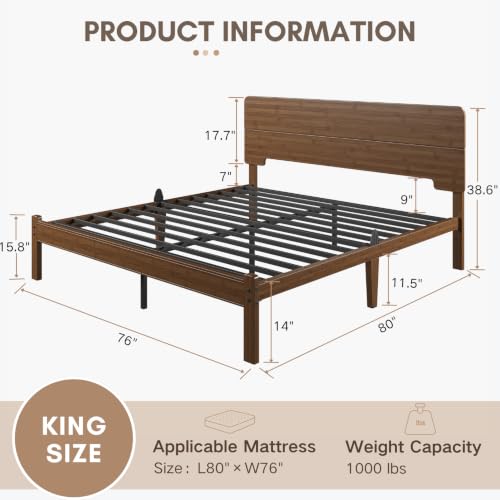 14" Solid Bamboo Wood King Size Bed Frames with Headboard, Brown, view 3