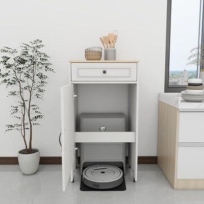 Robot Vacuum Storage Cabinet with Wheels - Antique White Side Table with Drawer & Doors for Living Room, Kitchen, Office