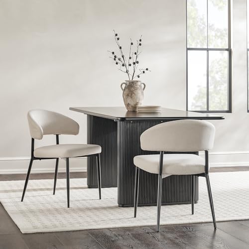 Modern Curved Back Upholstered Dining Chair with High-Performance Woven Upholstery and Powder Coated Steel Base, 2pk, Ivory