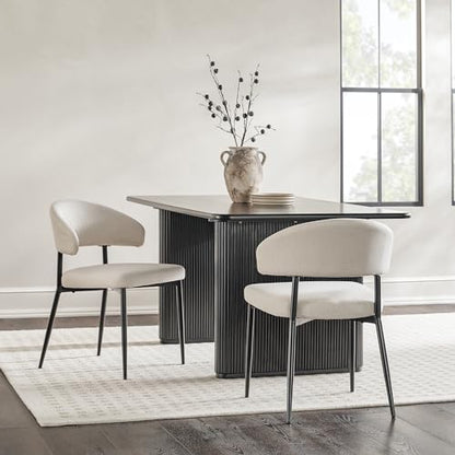 Modern Curved Back Upholstered Dining Chair with High-Performance Woven Upholstery and Powder Coated Steel Base, 2pk, Ivory