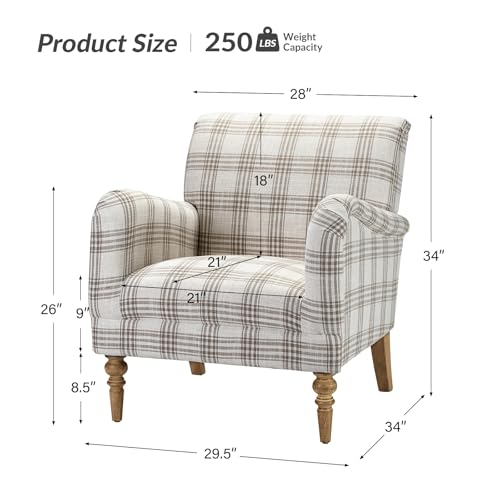 Farmhouse Accent Chair with Plaid Pattern, Tan | Comfy Upholstered Armchair with Solid Wood Legs, Curved Armrests, for Living Room Bedroom Reading Relaxation