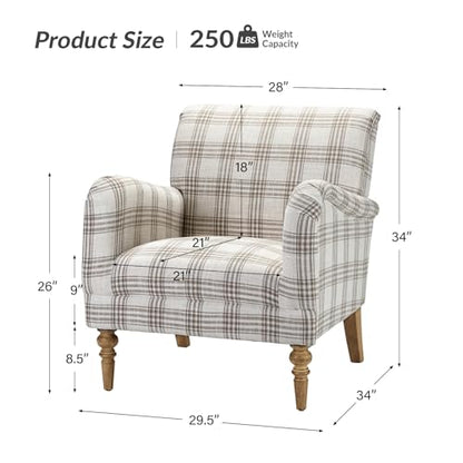 Farmhouse Accent Chair with Plaid Pattern, Tan | Comfy Upholstered Armchair with Solid Wood Legs, Curved Armrests, for Living Room Bedroom Reading Relaxation