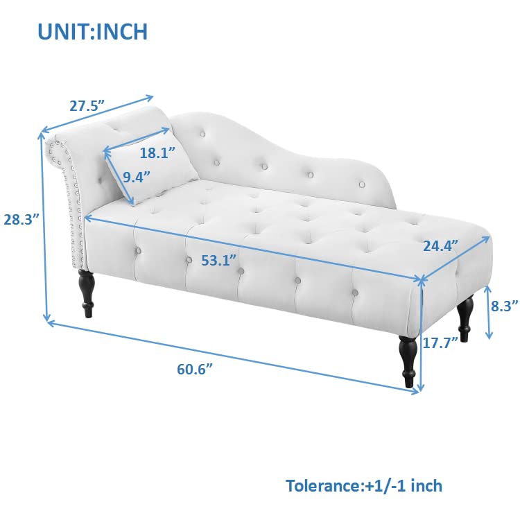 60.6" Velvet Chaise Lounge Chair with 1 Pillow and Nailhead Trimmed, view 3