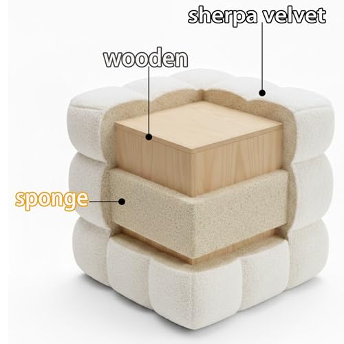 White Sherpa Square Ottoman - 17.3" Large Boucle Cube Pouf with Sturdy Wood Frame, 330lbs Capacity Modern Fuzzy Vanity Stool & Footrest for Living Room, Bedroom - Fully Assembled