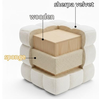 White Sherpa Square Ottoman - 17.3" Large Boucle Cube Pouf with Sturdy Wood Frame, 330lbs Capacity Modern Fuzzy Vanity Stool & Footrest for Living Room, Bedroom - Fully Assembled