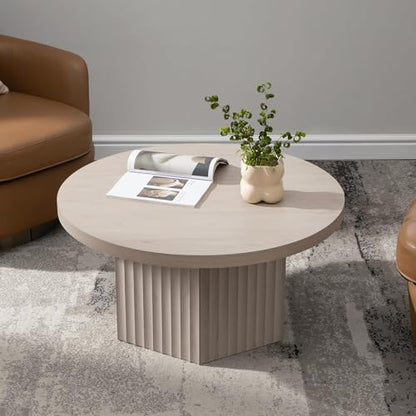 32" Modern Round Coffee Table Mid Century Fluted Coffee Table | with Storage Accent Center Table for Living Room, Small Space, Apartment, White Alder