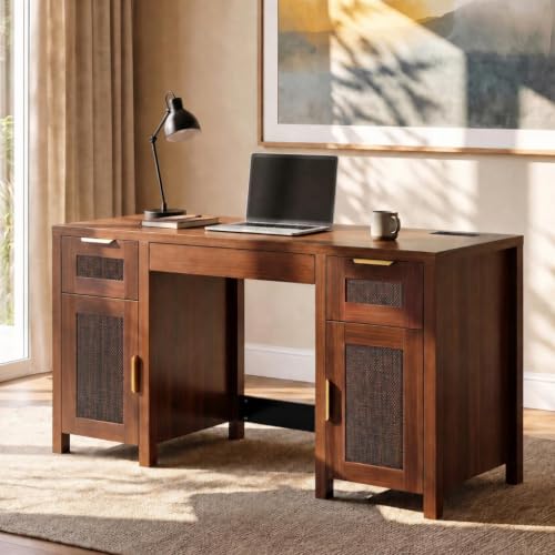 Modern Office Desk with 3 Drawers & 2-Door Cabinet, Ample Storage, view 2