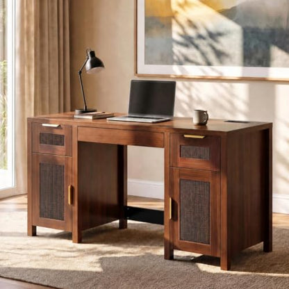 Modern Office Desk with 3 Drawers & 2-Door Cabinet, Ample Storage, view 2