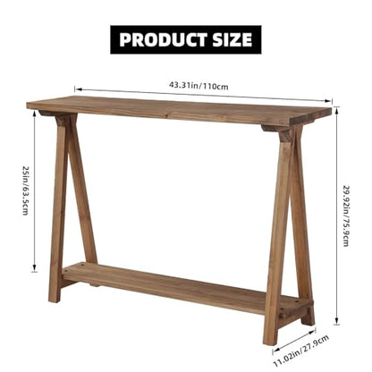43" Solid Wood Farmhouse Console Table for Living Room, Natural | Rustic Hallway Stand for Entryway, 2-Tier Sofa Storage Unit