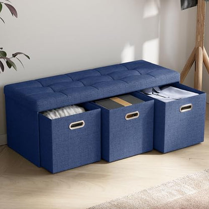 40 Inch Storage Ottoman with 3 Drawers, Tufted Linen, Navy Blue | Foldable Large Bench Design; Foot Rest Stool Seat; Ideal for Living Room, Bedroom or Entryway