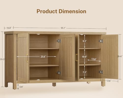 55" Buffet Cabinet with Storage & 4 Adjustable Shelves, Natural, view 3