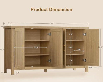 55" Buffet Cabinet with Storage & 4 Adjustable Shelves, Natural, view 3