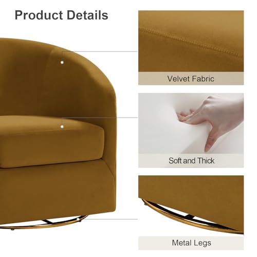 Swivel Accent Chair with Gold Metal Base, Contemporary Velvet Curved Swivel Barrel Chair, Upholstered Club Armchair, Leisure Single Sofa for Living Room, Nursery, Bedroom(Golden)