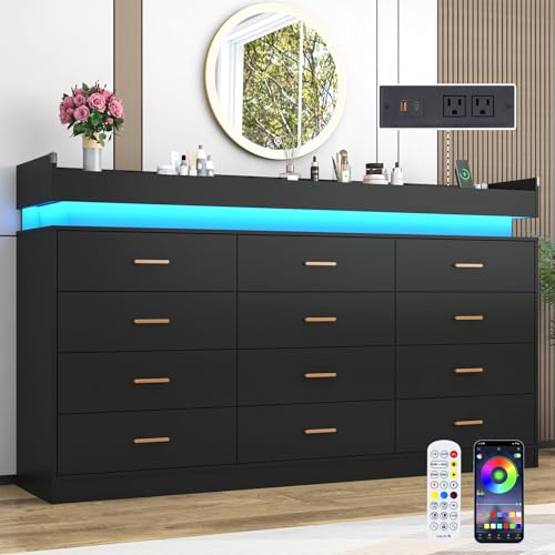 12 Drawer Dresser with LED Light and Charging Station, view 2