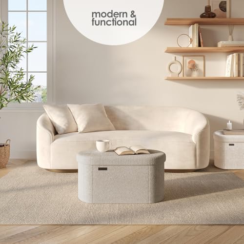 Storage Ottoman Bench, 30 Inch Storage Bench for Bedroom End of Bed, Foldable Large Ottoman Foot Rest, Entryway Benches, Boucle Oval Organizer Chest Max 660lbs, Beige