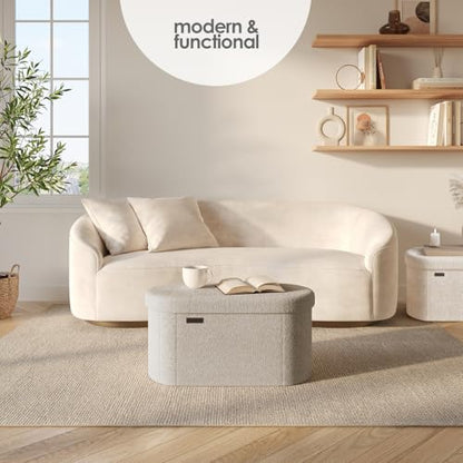 Storage Ottoman Bench, 30 Inch Storage Bench for Bedroom End of Bed, Foldable Large Ottoman Foot Rest, Entryway Benches, Boucle Oval Organizer Chest Max 660lbs, Beige