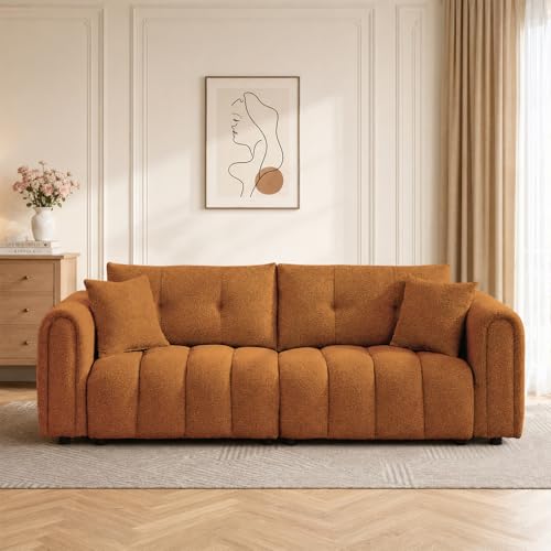 91.5"W Modern Boucle Sofa for Living Room, Oversized Loveseat Couch, Orange | Comfy Channel-Tufted Couch with Rolled Arms and 2 Soft Pillows, 3-Seater Cloud Couch for Apartment, Studio, Bedroom, Office