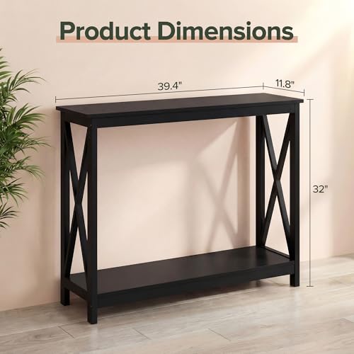 Sofa Side Console Table with 2 Storage Shelves Narrow Accent Table for Entryway/Hallway/Living Room, 39.3in L x 11.8in W x 31.6in H, Black
