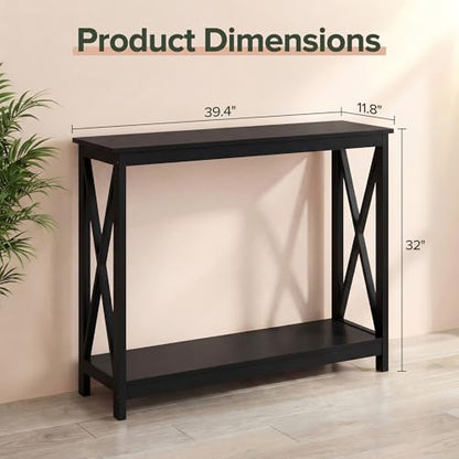 Sofa Side Console Table with 2 Storage Shelves Narrow Accent Table for Entryway/Hallway/Living Room, 39.3in L x 11.8in W x 31.6in H, Black